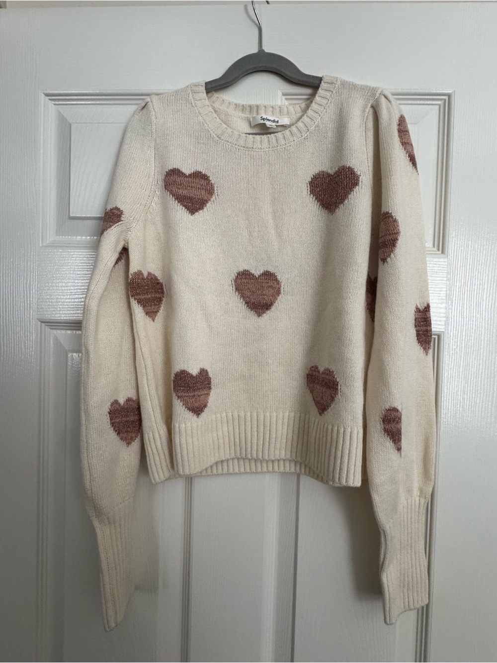 Splendid Annabelle Cream Sweater with Rose-Brown Heart Motifs